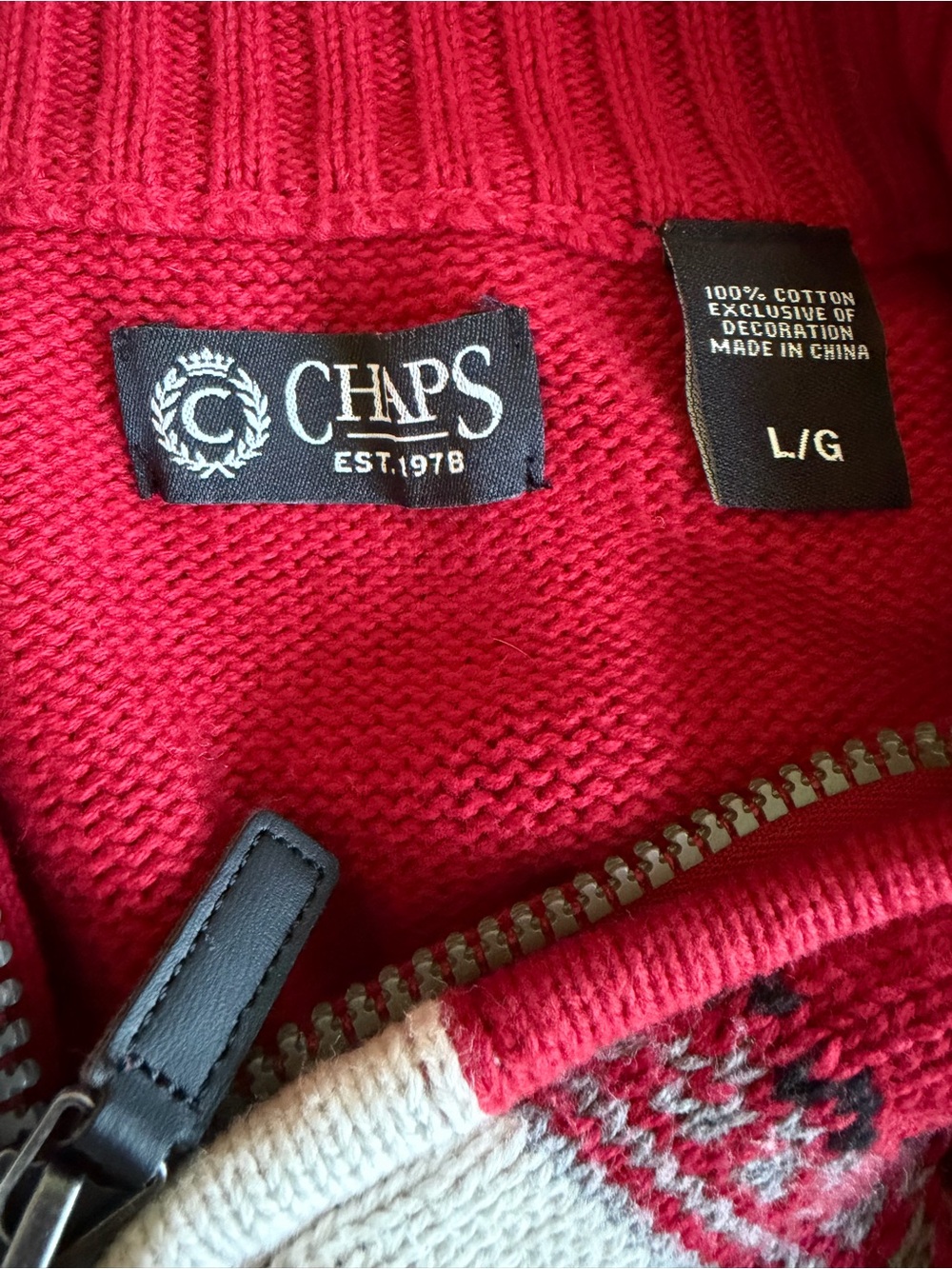 CHAPS Mens Fair Isle Moose Quarter Zip Sweater Red Nordic Ski Lodge Large - Picture 7 of 7